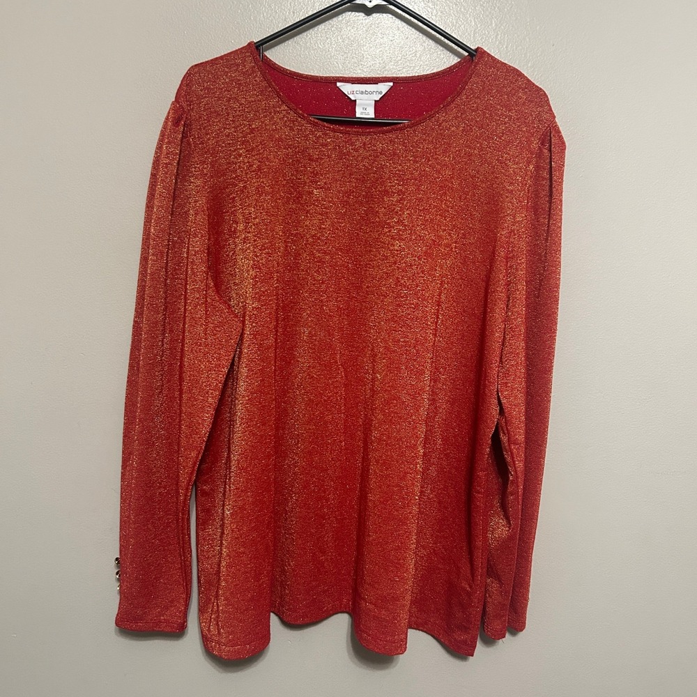 Liz Claiborne Blouse 1X Red Metallic Gold Button Cuff Top Festive Glam Classic